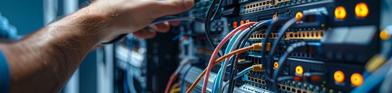 A technician organizes equipment neatly while troubleshooting a computer network, with copyspace